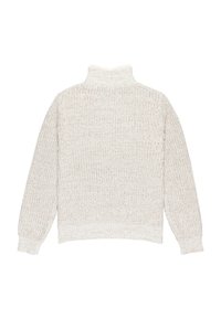 Maglione a collo alto di colore crema con una trama a maglia larga, maniche lunghe e polsini a costine, caratterizzato da una vestibilità leggermente rilassata e un colore uniforme.