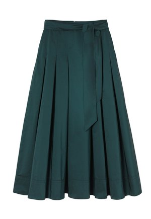 Fustă midi teal dintr-un material neted, cu plisaje, talie cu bucle pentru curea și curea legată. Mârginile sunt drepte, cu detalii de cusătură.