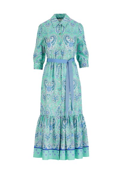 Light blue and green floral paisley print midi dress with 3/4 sleeves, ruffled hem, collar, and blue waist tie belt.