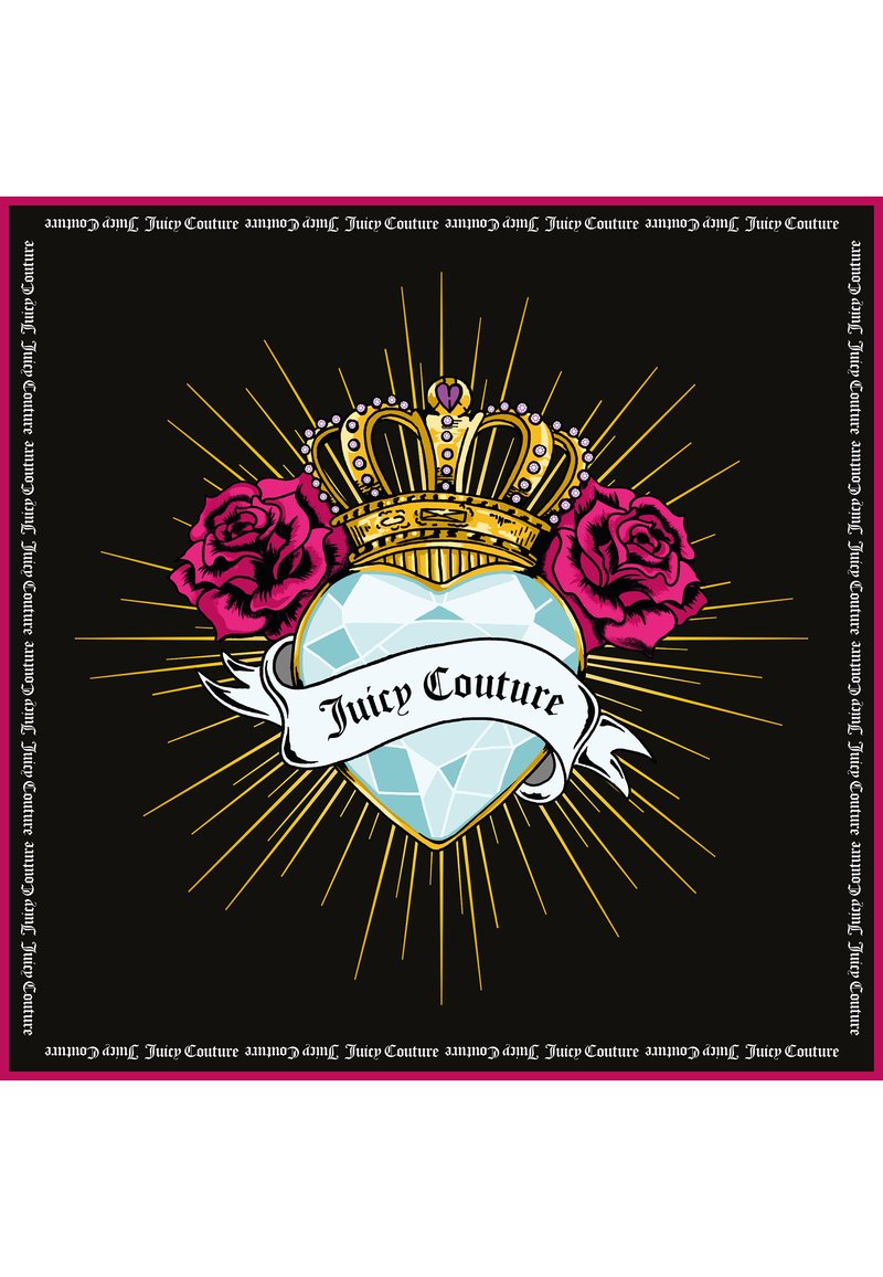 Sort baggrund med et markant grafisk design af et diamantformet hjerte, en gylden krone, lyserøde roser og teksten "Juicy Couture" på et hvidt banner, med solstråle-accenter.