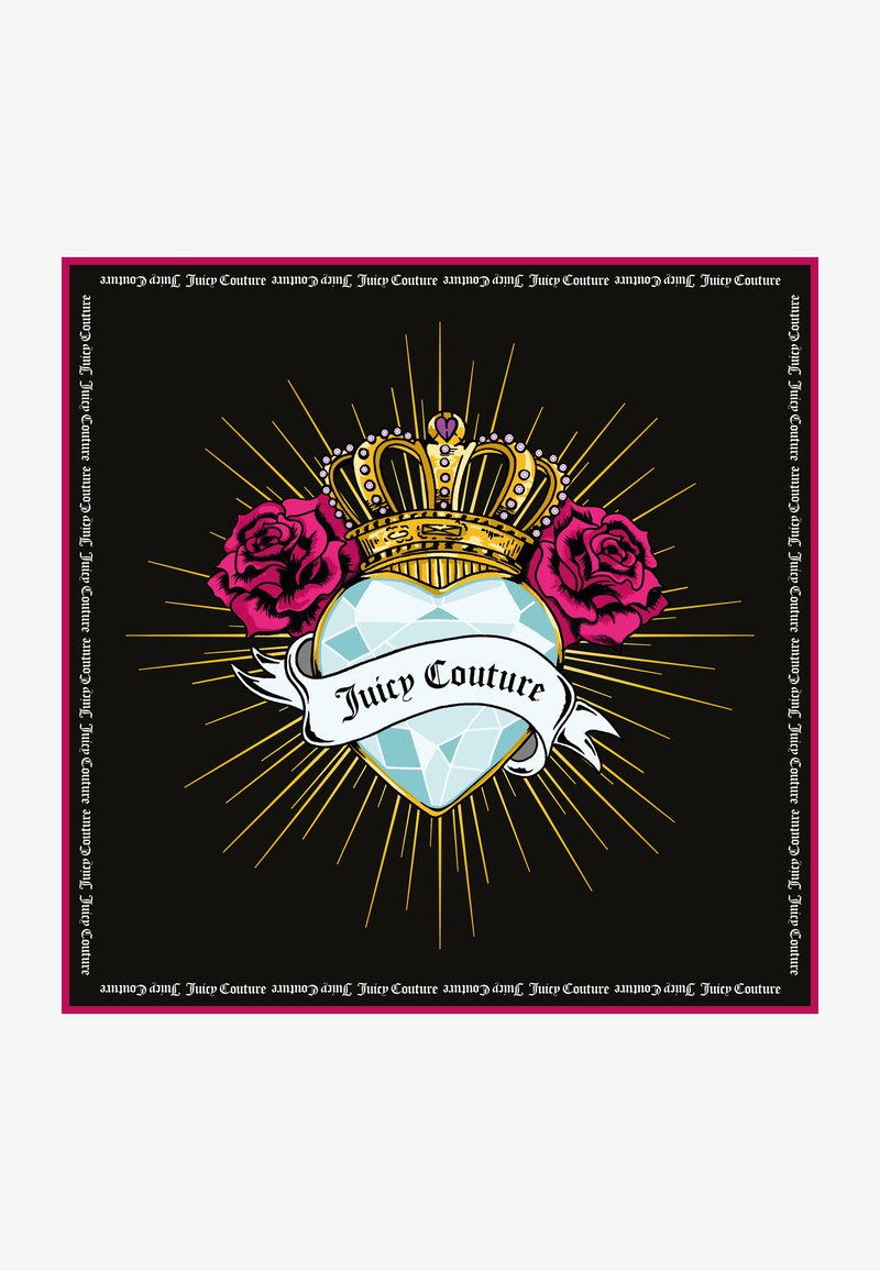 Sort baggrund med et markant grafisk design af et diamantformet hjerte, en gylden krone, lyserøde roser og teksten "Juicy Couture" på et hvidt banner, med solstråle-accenter.