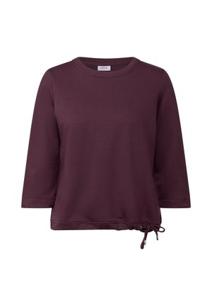Bordeaux pullover met een ronde hals, driekwartmouwen en een strikkoord aan de zoom voor een verstelbare pasvorm. Zachte, gladde stoftextuur.