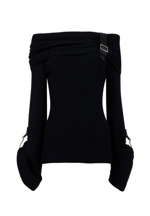 Black ribbed off-the-shoulder sweater with an asymmetric design, featuring long sleeves and a strap detail at the shoulder.