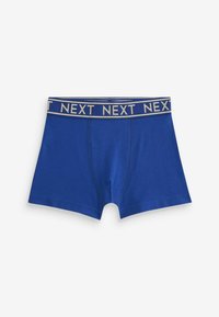 Kék pamut boxer alsónadrág kontúros zsebbel, arany és tengerész kék csíkos derékpánttal, amelyen ismétlődő "NEXT" logó található.
