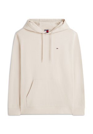 Béžová mikina s kapucňou, predným vreckom, nastaviteľnou šnúrkou na kapucni, rebrovanými manžetami a lemom, a malým logom Tommy Hilfiger na hrudi.