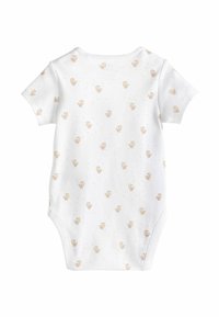 Body a maniche corte di colore bianco con un piccolo motivo di carrozzina cartone marrone chiaro, realizzato in morbido cotone. Presenta bottoni a pressione nella parte inferiore.