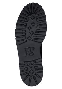 Suola di scarpa in gomma nera con scanalature profonde e dettagli a incrocio; presenta il logo "pg" impressa al centro.