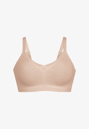 Biustonosz bezprzewodowy z koronki w kolorze nude, z gładką, fakturowaną powierzchnią, regulowanymi ramiączkami i bezszwowym wzorem. Miseczki lekko formowane.
