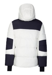 Gepolsterte Puffermantel in Weiß mit marinefarbenen Akzenten am Oberteil und an den Ärmeln. Verfügt über eine Kapuze und elastische Bündchen. Sanfte Textur mit horizontaler Nahtführung.