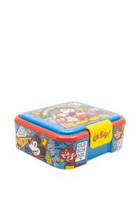 Lunch box quadrato in metallo blu con un design colorato di Topolino, dettagli rossi e una fibbia gialla con la scritta "Oh Boy!" sulla parte anteriore.
