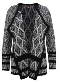 Svartvitt mönstrad cardigan med öppen framsida, prydd med geometriska mönster och texturerat stickat tyg. Långa ärmar med svarta accenter.