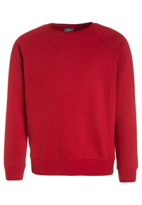 Roter Pullover mit Rundhalsausschnitt, langen Raglanärmeln und gerippten Bündchen. Hergestellt aus weichem Stoff mit glatter Textur. Keine Muster oder Akzente.