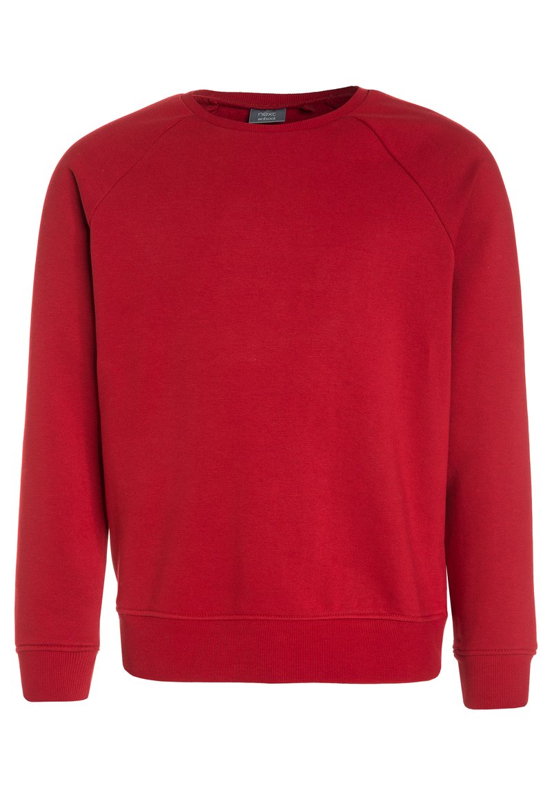 Roter Pullover mit Rundhalsausschnitt, langen Raglanärmeln und gerippten Bündchen. Hergestellt aus weichem Stoff mit glatter Textur. Keine Muster oder Akzente.