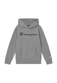 Felpa con cappuccio grigia realizzata in un mix di cotone. Presenta una tasca frontale, polsini a coste e il logo "Champion" in blu navy sul petto.