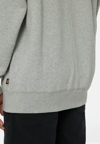 Lichtgrijze sweatshirt met een geribbelde zoom en manchetten, voorzien van een klein logo-opnaadje aan de onderkant. Zachte, gestructureerde stof. Draag met zwarte broek.