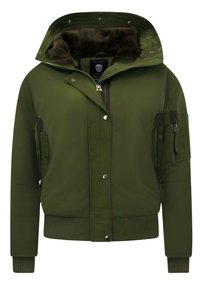 Groene bomberjack met een capuchon gevoerd met namaakbont, ritssluiting en drukknoopsluiting, meerdere met rits afsluitbare zakken, en geribde boorden aan mouwen en zoom.