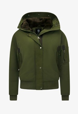 Groene bomberjack met een capuchon gevoerd met namaakbont, ritssluiting en drukknoopsluiting, meerdere met rits afsluitbare zakken, en geribde boorden aan mouwen en zoom.