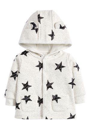 Sweat à capuche bébé gris clair avec motifs d'étoiles noires, boutons pression sur le devant, deux poches et petites oreilles en tissu sur la capuche.