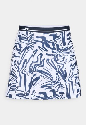 Weißer Rock mit navyblauem abstraktem Muster, ausgestattet mit Falten und einem kontrastierenden Bund. Hergestellt aus strukturiertem Stoff mit glatter Oberfläche.