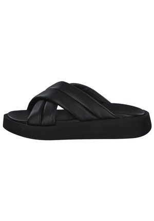Black slide sandals featuring two wide, crossed straps made of smooth leather, with a thick, cushioned sole for comfort.