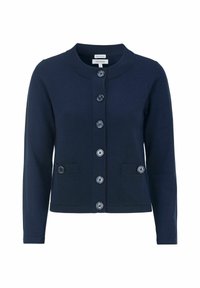 Navyblå kardigan i stickad textil, med rund hals, sex stora knappar och två framfickor. Mjuk textur med en figursydd design.