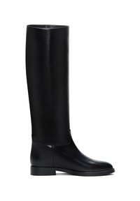 Bottes en cuir noir hautes avec un design épuré, bout arrondi et talon bas et large. Texture lisse avec une finition légèrement brillante.