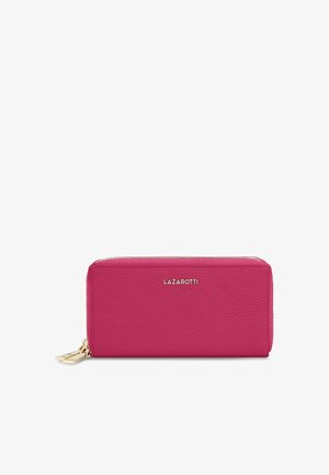 Pink leather wallet with a textured surface, featuring a gold zipper and logo "LAZAROTTI" on the front. Rectangular design.