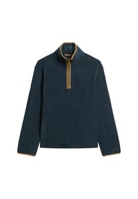 Marine fleece pullover med høj krave, halvlukning og kontrasterende beige kanter. Har en glat tekstur og et enkelt, moderne design.