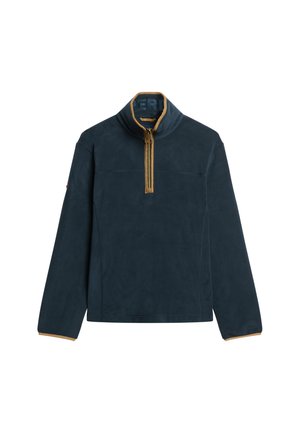 Sudadera de polar en color marino con cuello alto, media cremallera y ribetes en tono arena. Presenta una textura suave y un diseño simple y moderno.