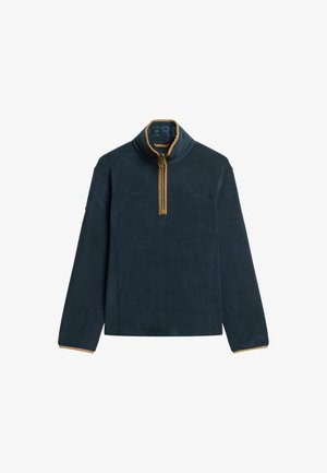 Marine fleece pullover med høj krave, halvlukning og kontrasterende beige kanter. Har en glat tekstur og et enkelt, moderne design.