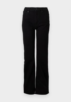 Sorte denimjeans med en rett benform, fem lommer, knappelukking foran og subtil tekstur. Ingen synlige mønstre eller aksenter.