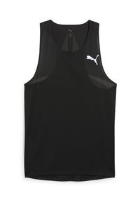 Svart trenings tank topp med mesh-design, med rund halslinning og en hvit PUMA-logo på venstre bryst.