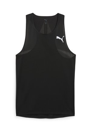 Schwarzes Sport-Tanktop mit einem Netzdesign, runder Ausschnitt und einem weißen PUMA-Logo auf der linken Brust.