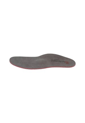 Gray and red orthotic shoe insole with brand name and model number printed on top side.