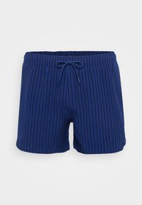 Blå svøm shorts med vertikal ribbet struktur, elastisk talje og justerbar snor. Kort længde med en afslappet pasform.