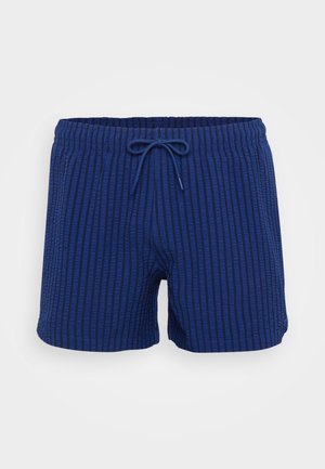 Shorts de bain bleus avec texture à nervures verticales, taille élastique et cordon de serrage ajustable. Longueur courte avec une coupe décontractée.