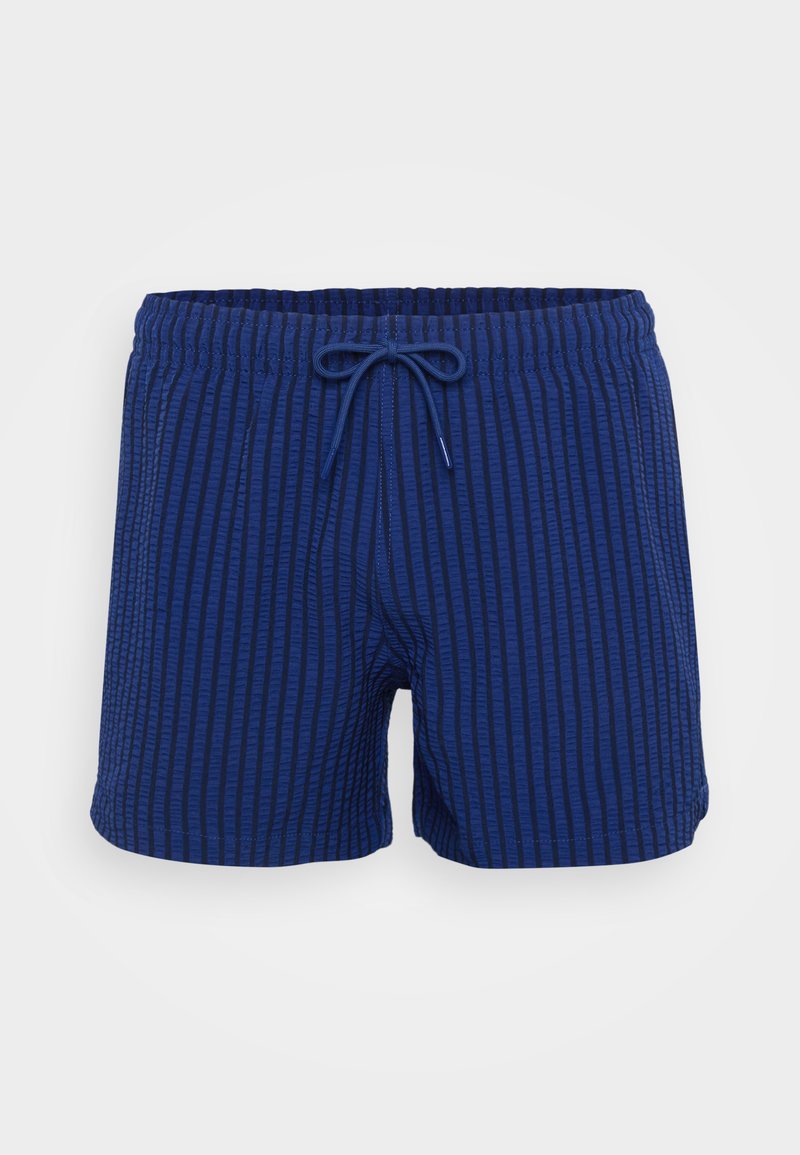 Shorts de bain bleus avec texture à nervures verticales, taille élastique et cordon de serrage ajustable. Longueur courte avec une coupe décontractée.