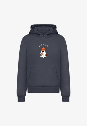 Dunkelblaue Kapuzenjacke mit einer Fronttasche, Kordelzugkapuze und einem Grafikdesign eines Geistes mit einem Kürbis und einem Getränk. Der Text lautet "BOO CREW."