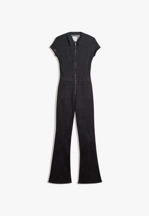Črn jeans kratek rokav jumpsuit z zadrgo spredaj, ovratnikom, štirimi žepi, zanko za pas in razširjenimi hlačnicami.