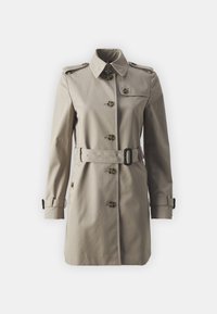 Beige trench coat with a slim fit, featuring a belted waist, button closure, epaulettes, and two front pockets. Smooth texture.