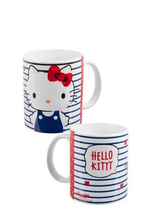 White ceramic mugs with blue stripes, one featuring Hello Kitty's face and red bow, the other with "HELLO KITTY" text and small red hearts.