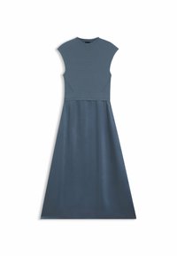 Blue dress with a fitted top and flared skirt, made of smooth fabric. Features short cap sleeves and a round neckline.