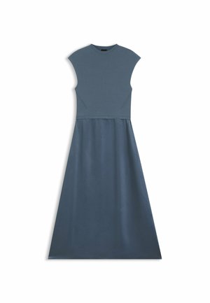Abito blu con top aderente e gonna svasata, realizzato in tessuto liscio. Presenta maniche corte a cappuccio e scollatura rotonda.
