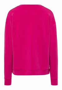 Sweat-shirt rose vif à manches longues avec col rond, poignets côtelés et ourlet droit, vu de dos.