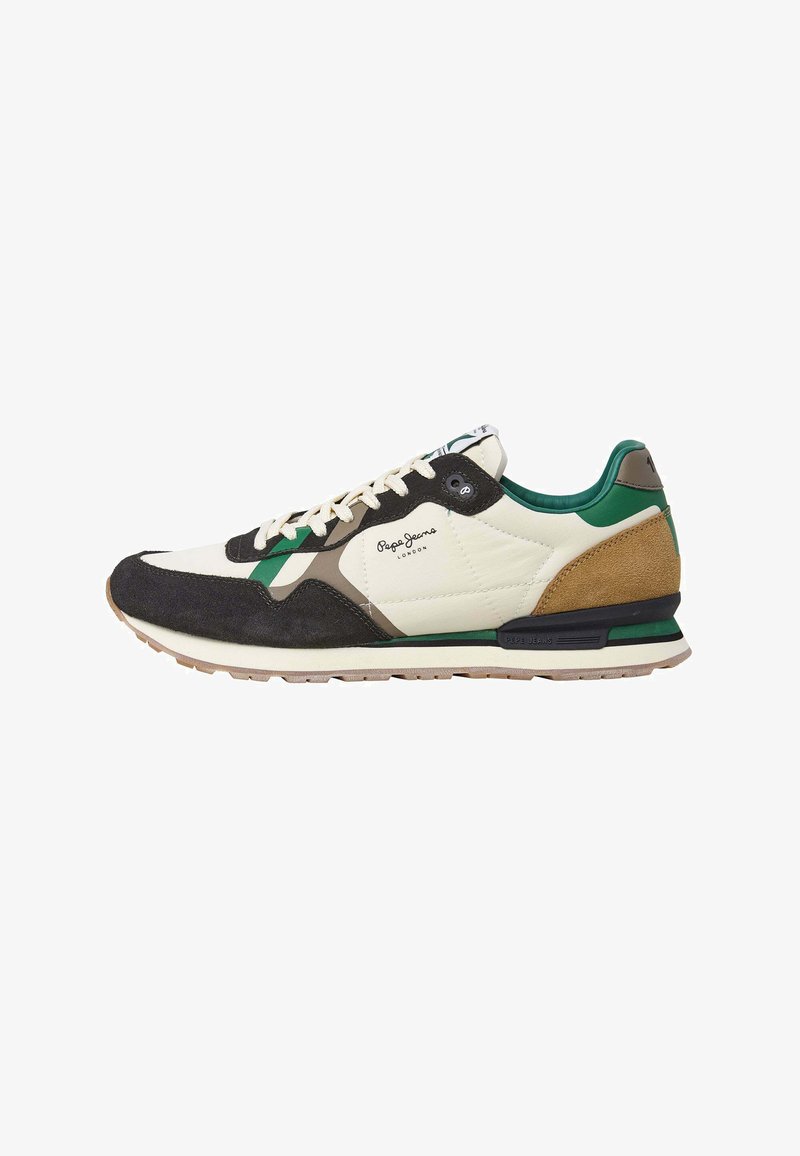 Sneaker mit einer Mischung aus Creme-, Schwarz- und Grüntönen aus Wildleder und Leder; auffällige grüne Akzente und strukturierte Seitenpanel.
