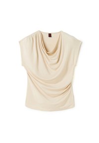 Beige topp med korta ärmar, draperad design med veck vid axeln och sidan, tillverkad av mjukt tyg, avslappnad passform.
