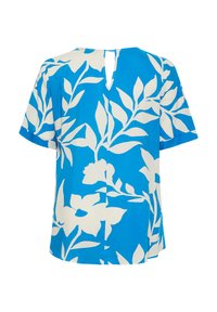 Top blu con maniche corte, decorato con un motivo floreale bianco e dettagli a occhiello sul retro. Realizzato in tessuto leggero. Taglio dritto e vestibilità morbida.