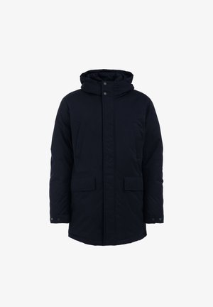 Tmavomodrá parka s kapucňou, so zipsom na prednej strane, cvokmi a dvoma veľkými bočnými vreckami. Vyrobená z hladkého, izolovaného materiálu.