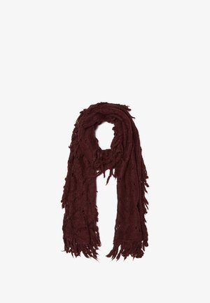 Burgunder gestrickter Schal mit Fransen, der ein durchbrochenes Muster und eine weiche Textur aufweist, ideal zum Wickeln oder Drapieren.