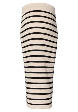 Strick-Bleistiftrock in Creme mit horizontalen schwarzen Streifen. Hat eine enganliegende Form und eine gerippte Textur, die unter das Knie reicht.